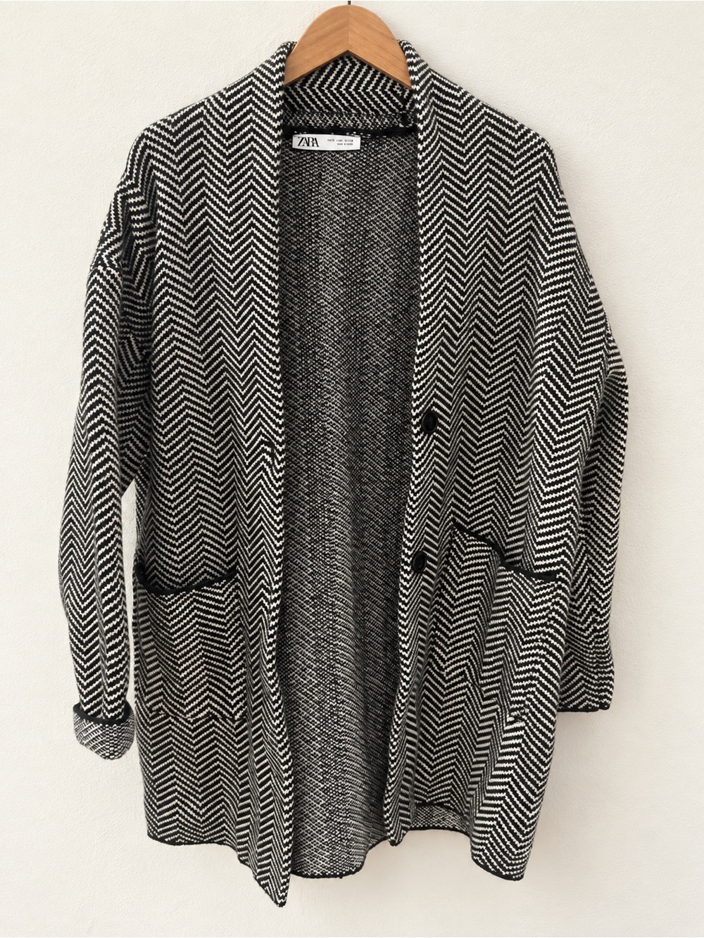 Zara Black & White Herringbone Knit Coat Cardigan Coatigan Sweater Jacket